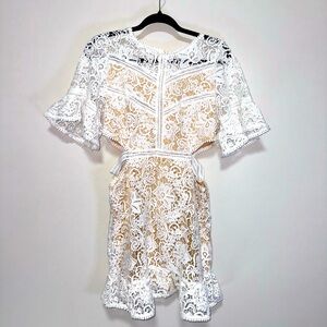 Just Me Women's Dress Sz L White Lace Side Cutout Flare Sleeve Bridal Feminine